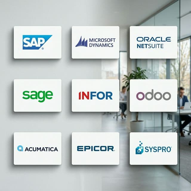 Logos de ERPs como SAP, Sage y Microsoft Dynamics